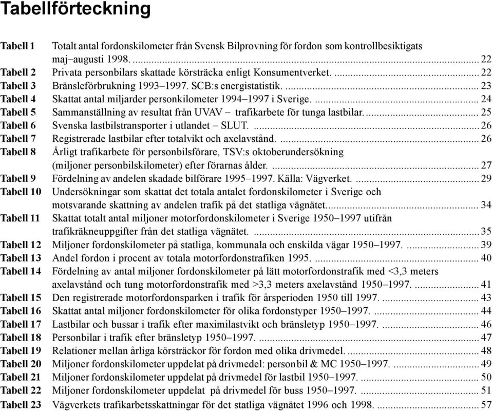 ... 23 Tabell 4 Skattat antal miljarder personkilometer 1994 1997 i Sverige.... 24 Tabell 5 Sammanställning av resultat från UVAV trafikarbete för tunga lastbilar.