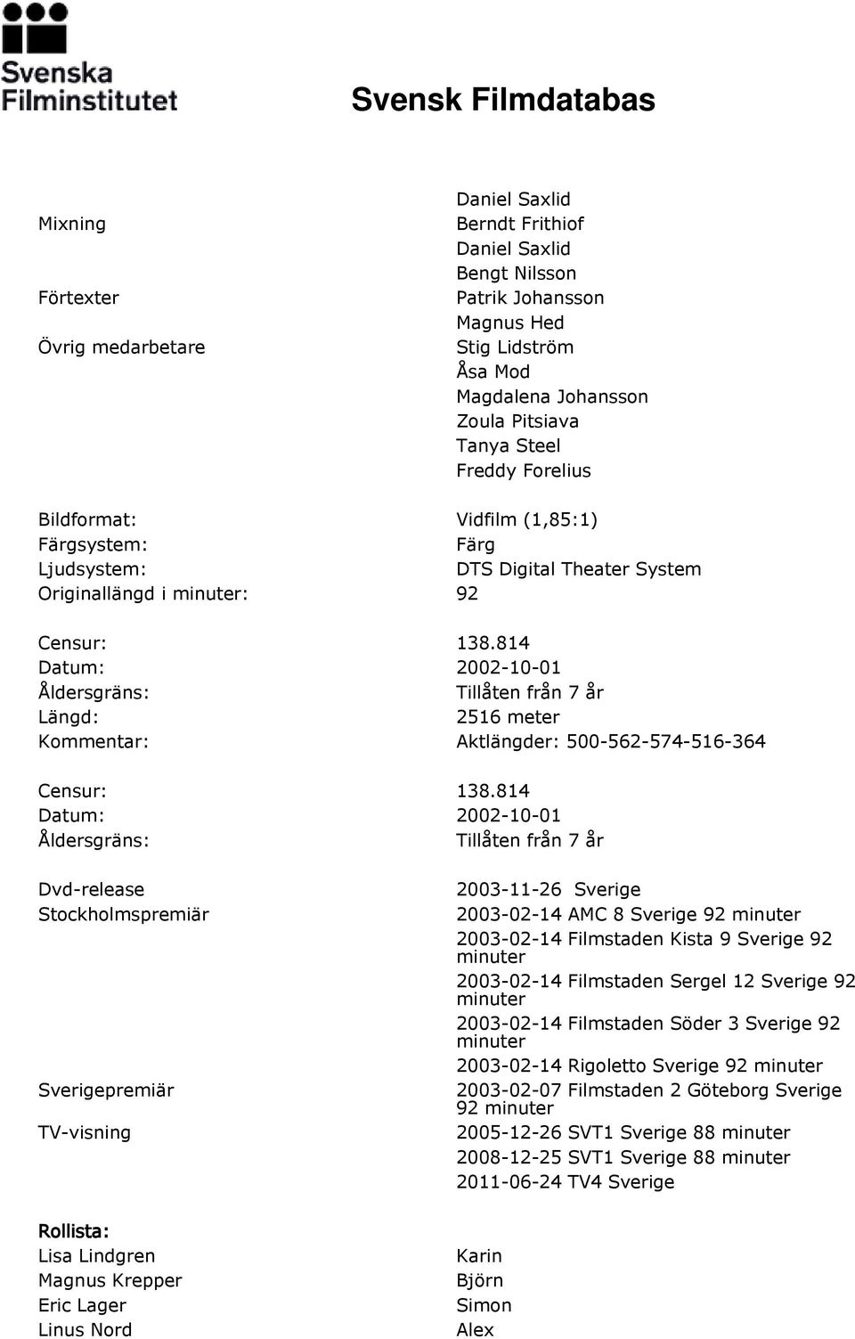 814 Datum: 2002-10-01 Åldersgräns: Tillåten från 7 år Längd: 2516 meter Aktlängder: 500-562-574-516-364 Censur: 138.