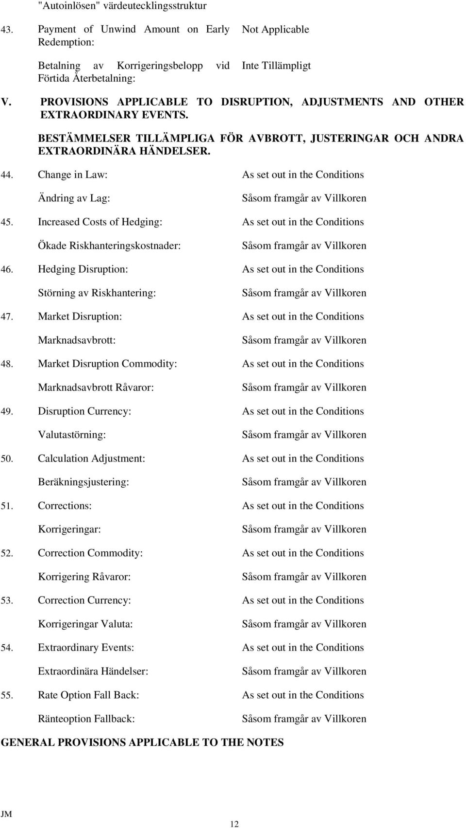 Change in Law: As set out in the Conditions Ändring av Lag: Såsom framgår av Villkoren 45.