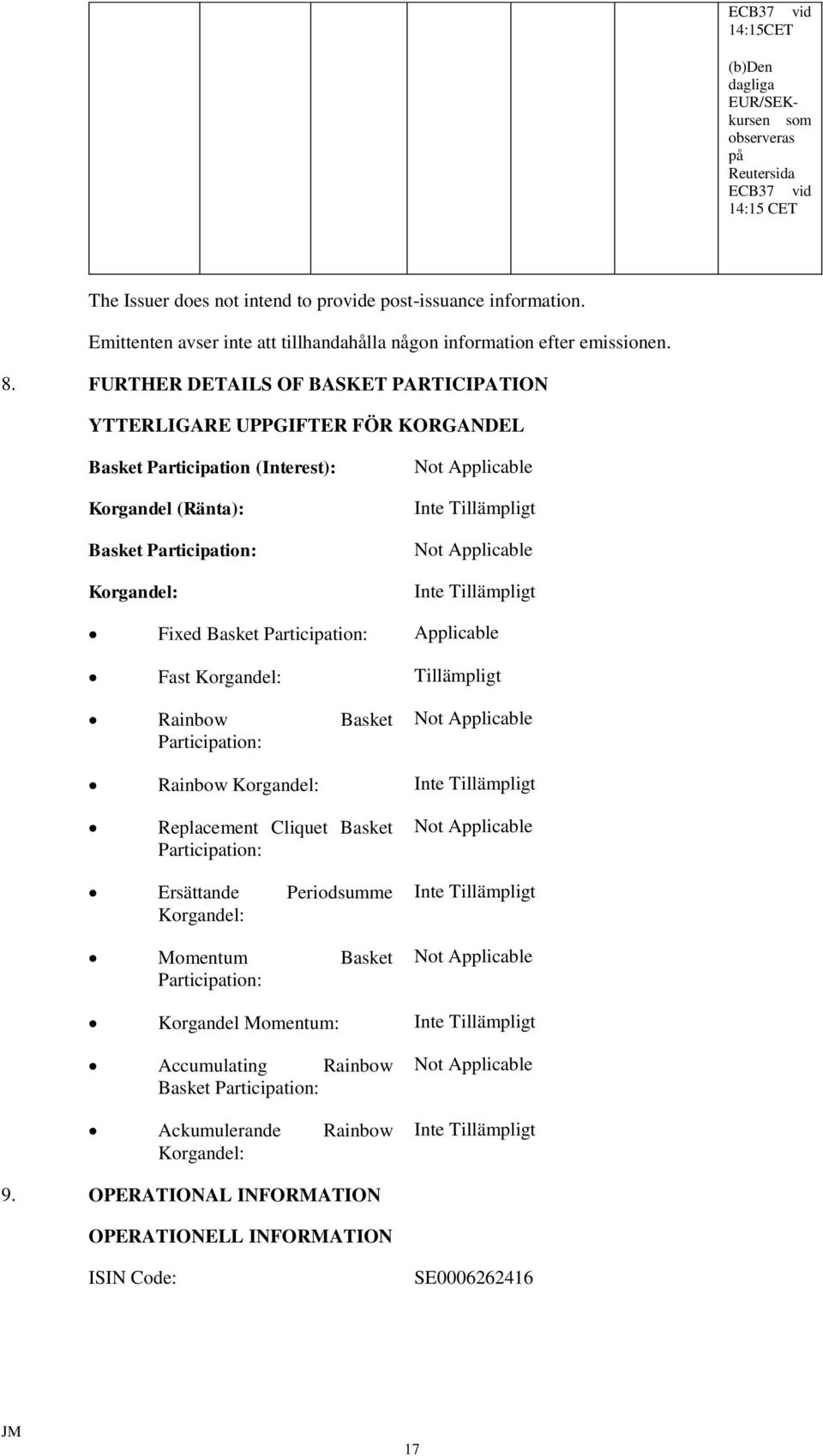 FURTHER DETAILS OF BASKET PARTICIPATION YTTERLIGARE UPPGIFTER FÖR KORGANDEL Basket Participation (Interest): Korgandel (Ränta): Basket Participation: Korgandel: Not Applicable Not Applicable Fixed