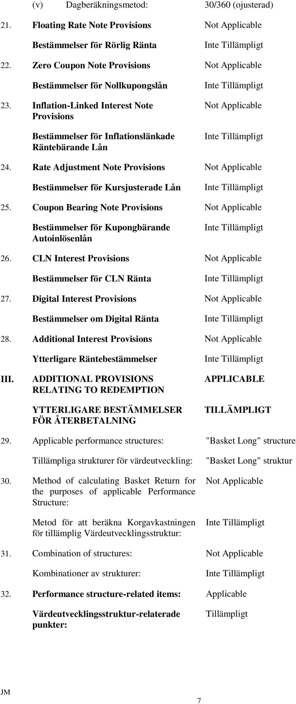 Rate Adjustment Note Provisions Not Applicable Bestämmelser för Kursjusterade Lån 25. Coupon Bearing Note Provisions Not Applicable Bestämmelser för Kupongbärande Autoinlösenlån 26.