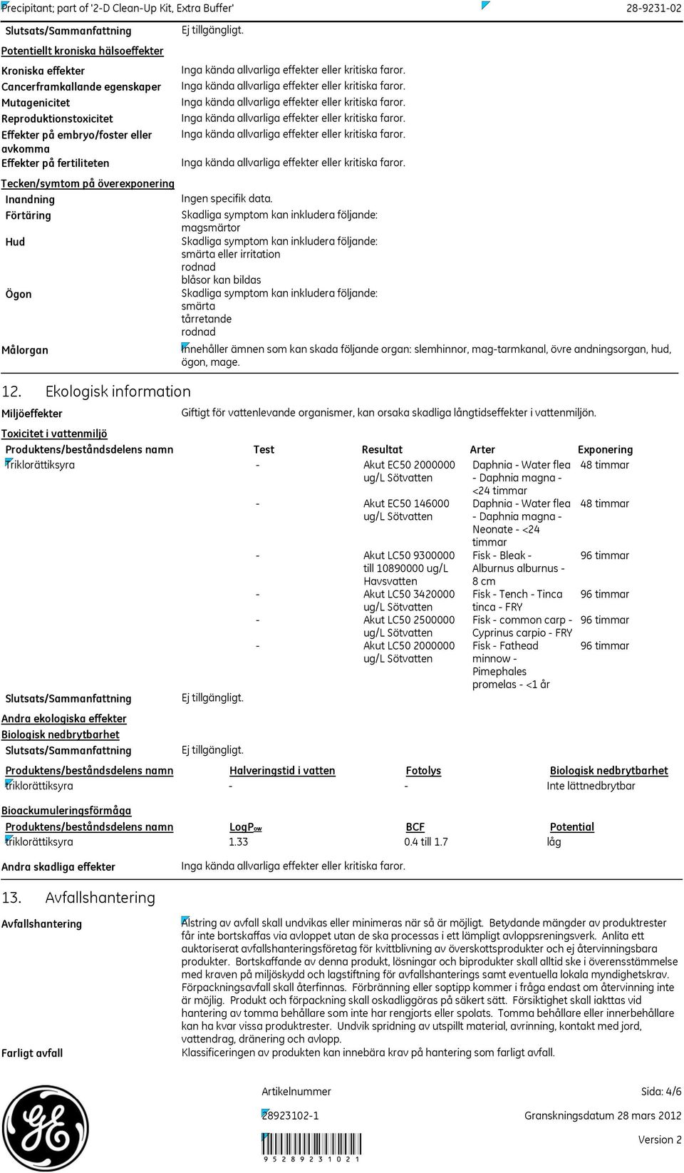 Miljöeffekter Ekologisk information Andra ekologiska effekter Biologisk nedbrytbarhet Slutsats/Sammanfattning Ingen specifik data.