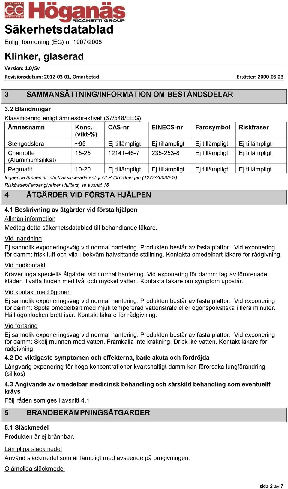 (1272/2008/EG) Riskfraser/Faroangivelser i fulltext, se avsnitt 16 4 ÅTGÄRDER VID FÖRSTA HJÄLPEN 4.