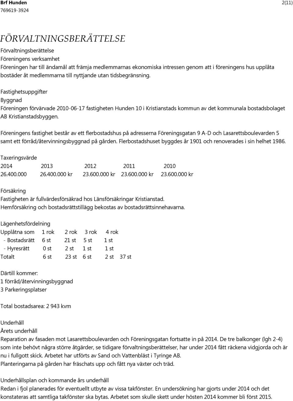 Fastighetsuppgifter Byggnad Föreningen förvärvade 2010-06-17 fastigheten Hunden 10 i Kristianstads kommun av det kommunala bostadsbolaget AB Kristianstadsbyggen.