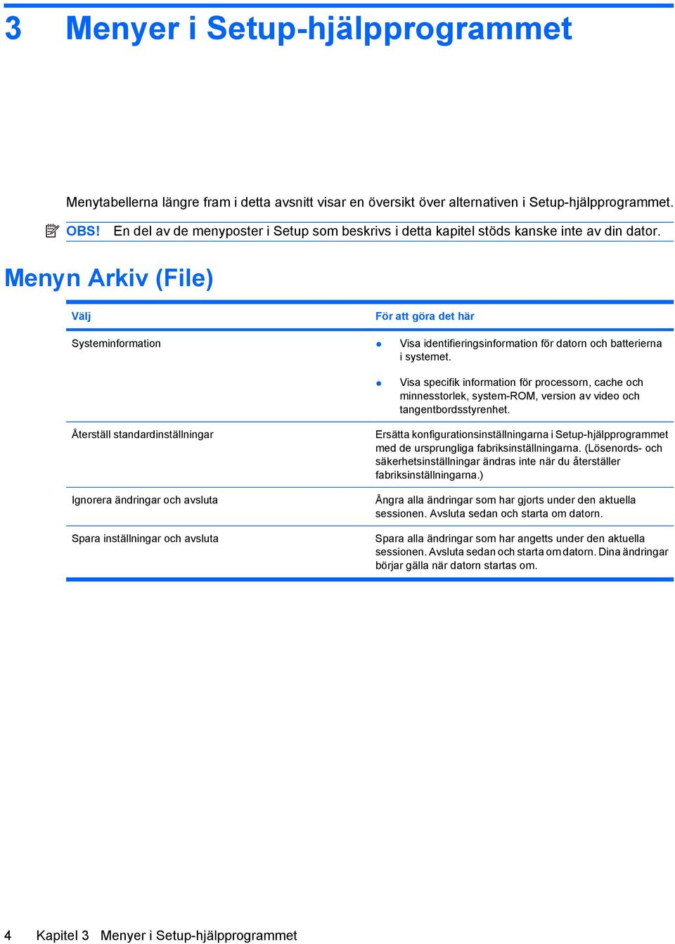 Menyn Arkiv (File) Välj För att göra det här Systeminformation Visa identifieringsinformation för datorn och batterierna i systemet.