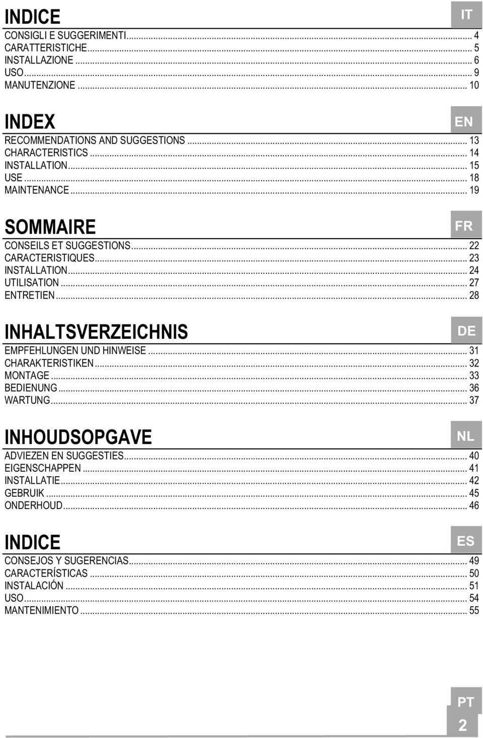 .. 28 INHALTSVERZEICHNIS EMPFEHLUNGEN UND HINWEISE... 31 CHARAKTERISTIKEN... 32 MONTAGE... 33 BEDIENUNG... 36 WARTUNG... 37 INHOUDSOPGAVE ADVIEZEN EN SUGGESTIES.