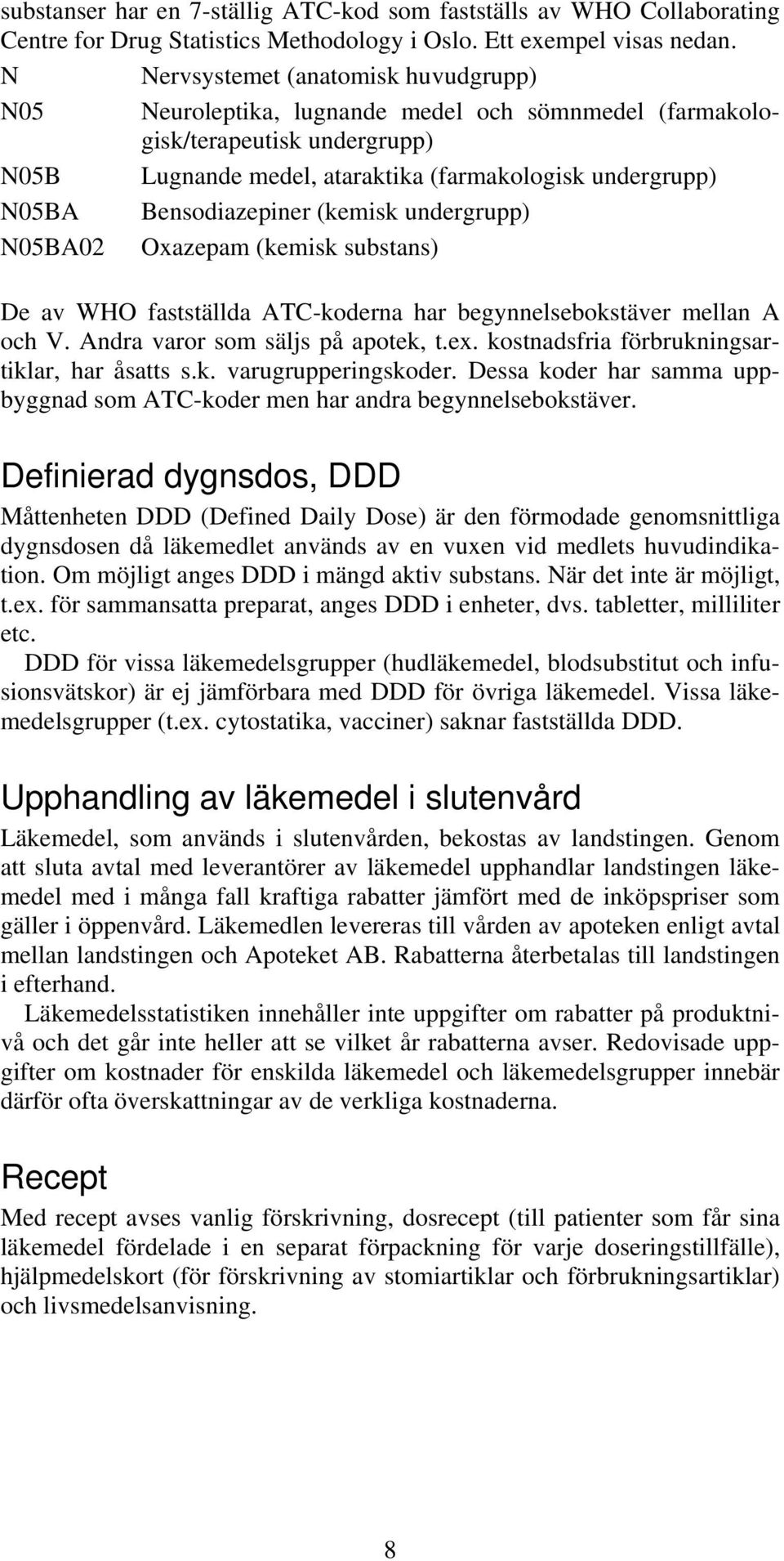 Bensodiazepiner (kemisk undergrupp) N05BA02 Oxazepam (kemisk substans) De av WHO fastställda ATC-koderna har begynnelsebokstäver mellan A och V. Andra varor som säljs på apotek, t.ex.