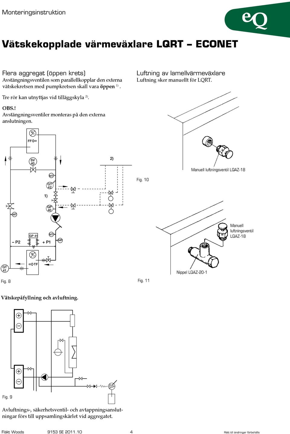 ! Avstängningsventiler monteras på den externa anslutningen. 2) Fig. 10 Manuell luftningsventil LQAZ-18 P2 + P1 Manuell luftningsventil LQAZ-18 Fig. 8 Fig.