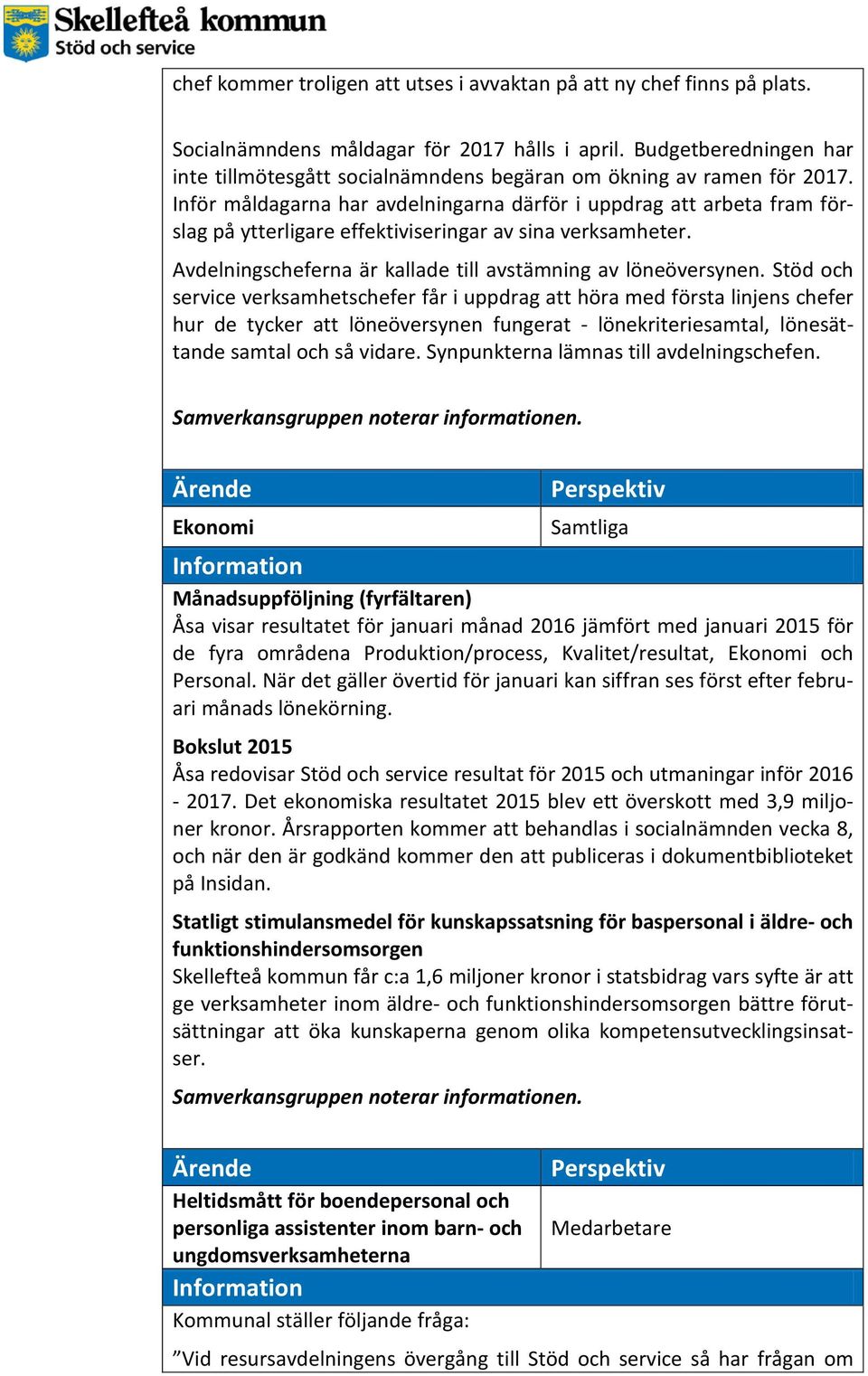 Inför måldagarna har avdelningarna därför i uppdrag att arbeta fram förslag på ytterligare effektiviseringar av sina verksamheter. Avdelningscheferna är kallade till avstämning av löneöversynen.