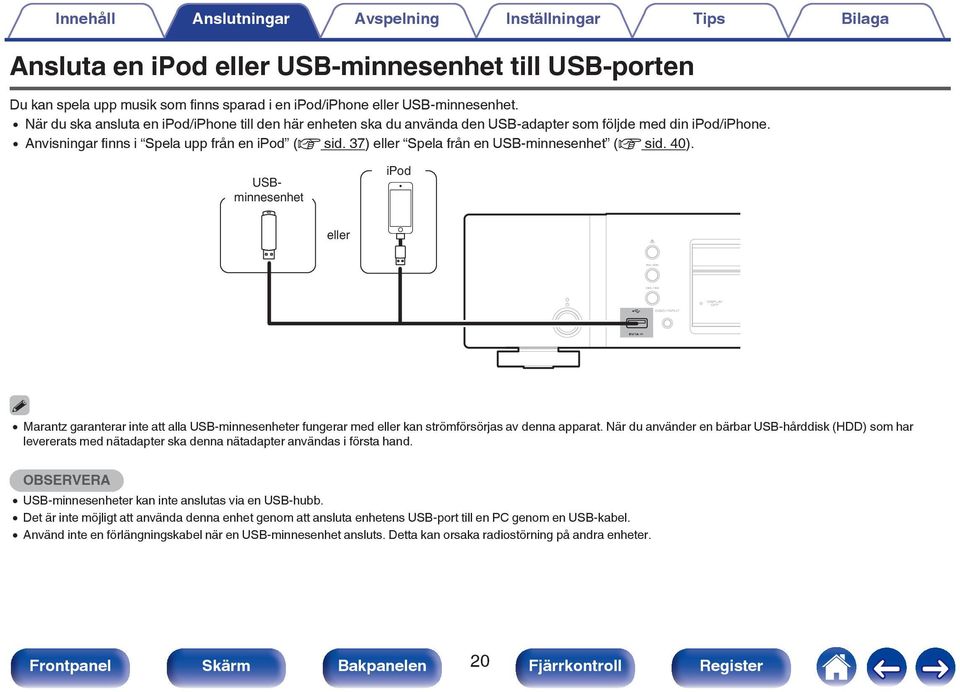 37) eller Spela från en USB-minnesenhet (v sid. 40). USBminnesenhet ipod eller 0 Marantz garanterar inte att alla USB-minnesenheter fungerar med eller kan strömförsörjas av denna apparat.