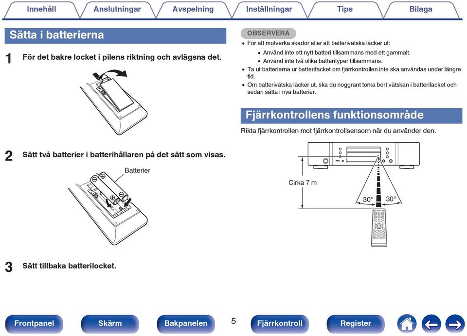 0 Ta ut batterierna ur batterifacket om fjärrkontrollen inte ska användas under längre tid.