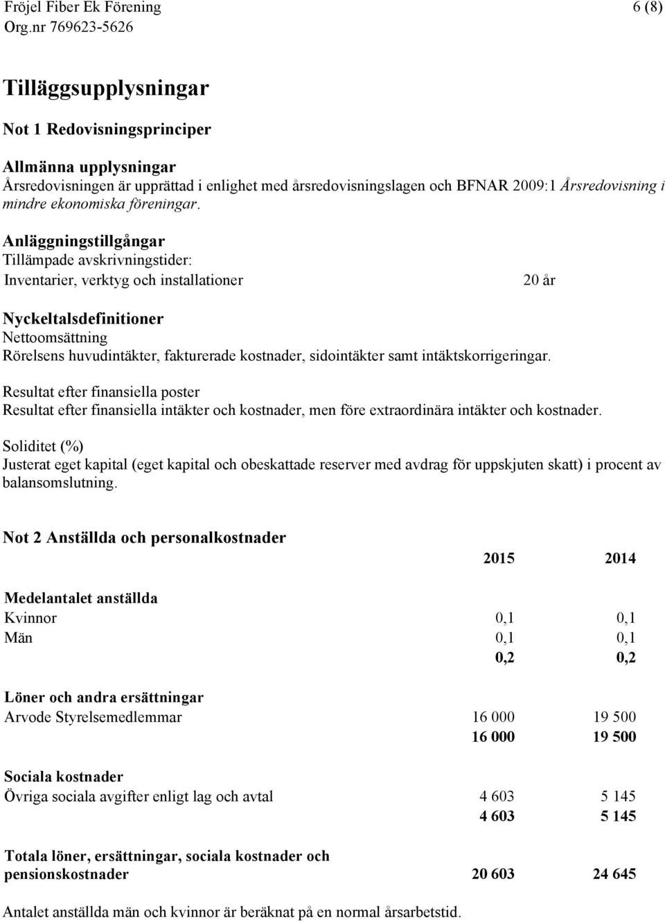 Anläggningstillgångar Tillämpade avskrivningstider: Inventarier, verktyg och installationer 20 år Nyckeltalsdefinitioner Nettoomsättning Rörelsens huvudintäkter, fakturerade kostnader, sidointäkter