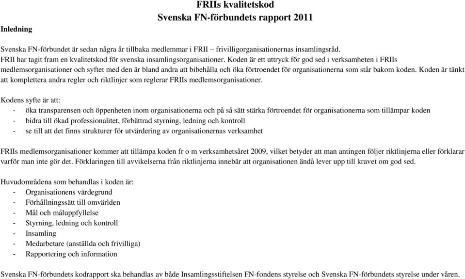 Koden är ett uttryck för god sed i verksamheten i FRIIs medlemsorganisationer och syftet med den är bland andra att bibehålla och öka förtroendet för organisationerna som står bakom koden.
