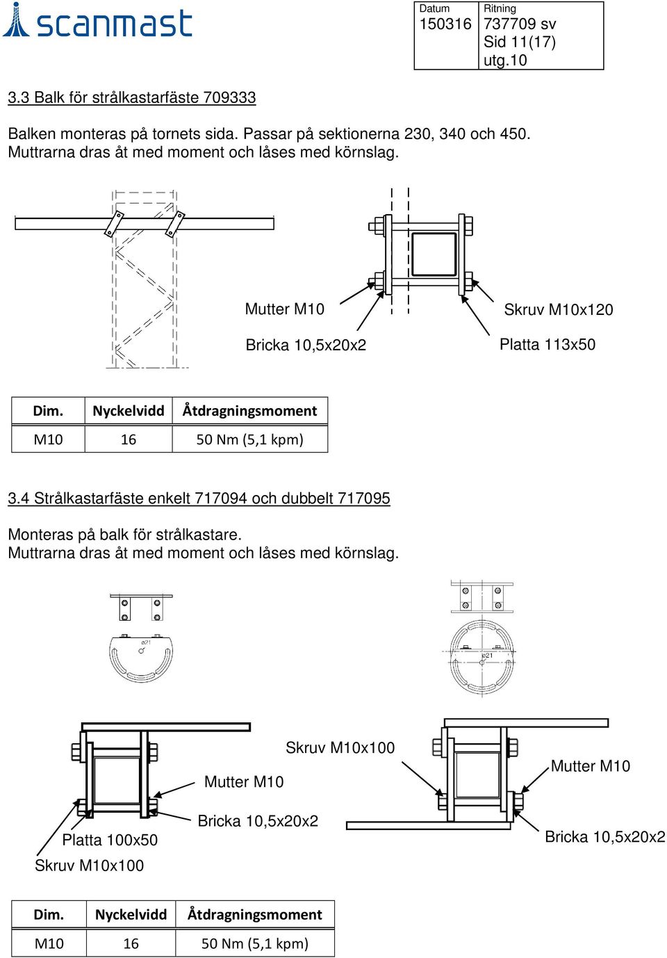 Nyckelvidd Åtdragningsmoment M10 16 50 Nm (5,1 kpm) 3.4 Strålkastarfäste enkelt 717094 och dubbelt 717095 Monteras på balk för strålkastare.