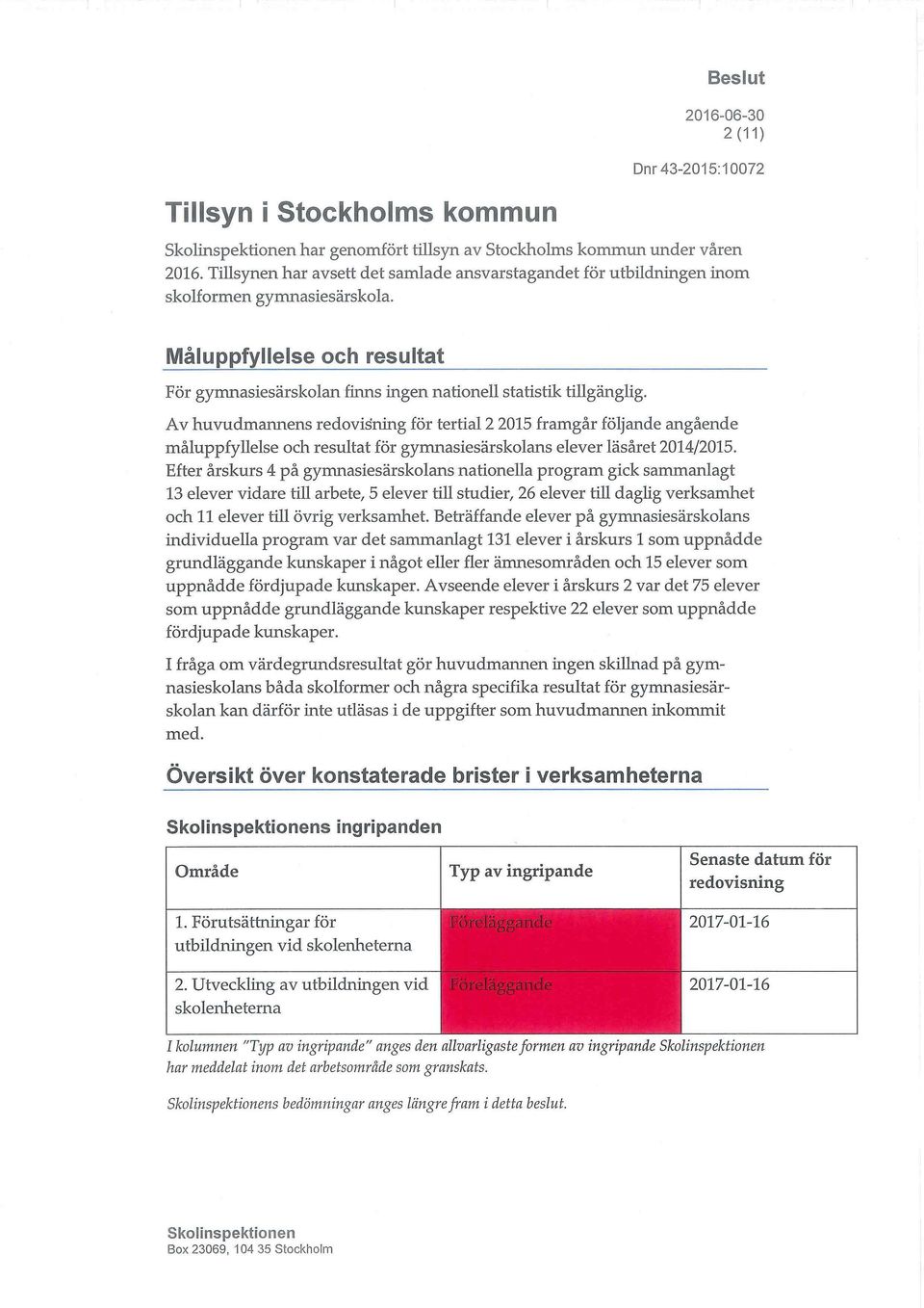 Av huvudmannens redovisning för tertial 2 2015 framgår följande angående måluppfyllelse och resultat för gymnasiesärskolans elever läsåret 2014/2015.