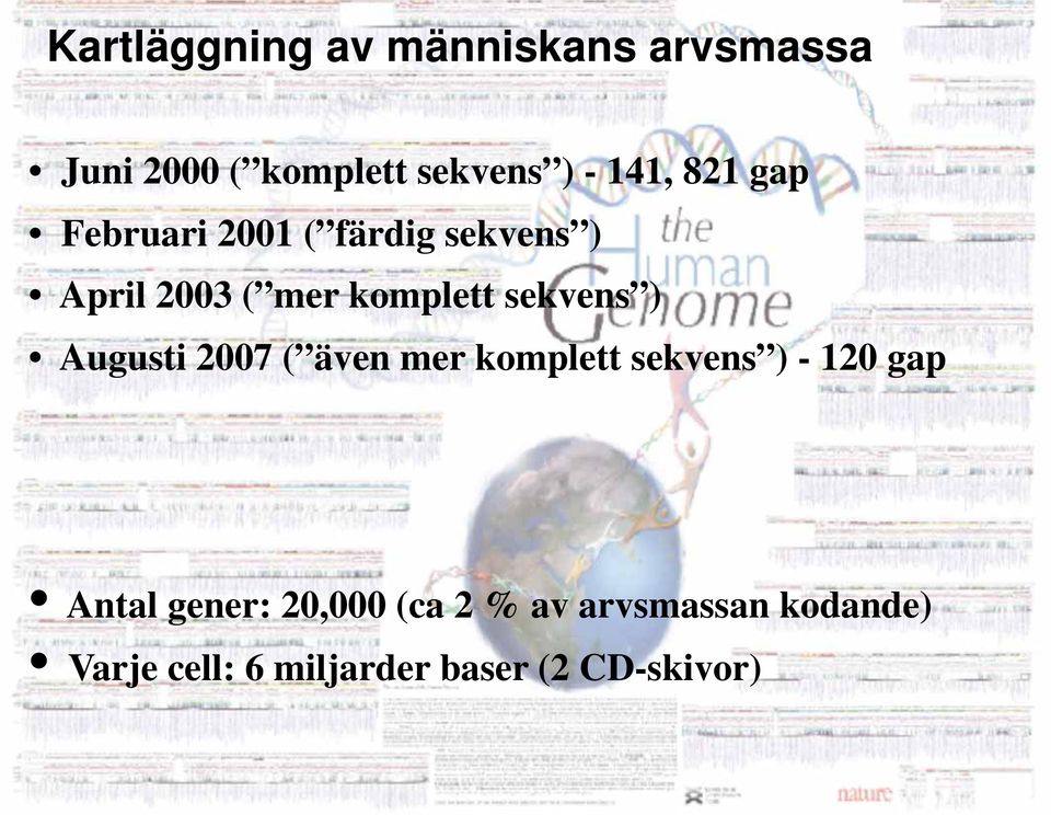 ) Augusti 2007 ( även mer komplett sekvens ) - 120 gap Antal gener: 20,000