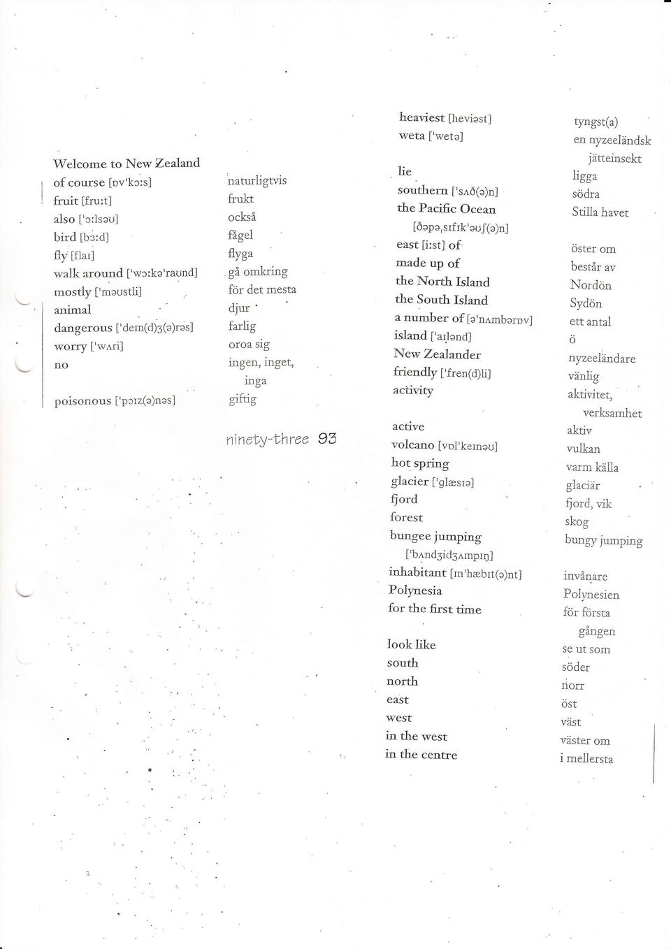 southefll ['sr,ö(a)n] tjre Pacific Ocean [öepe, srfrk'euj(e)n] east [irst] of m"ade up of the North Island the South Island a number of fe,nambarov] island ['ailand] I{ew Zealander friendly