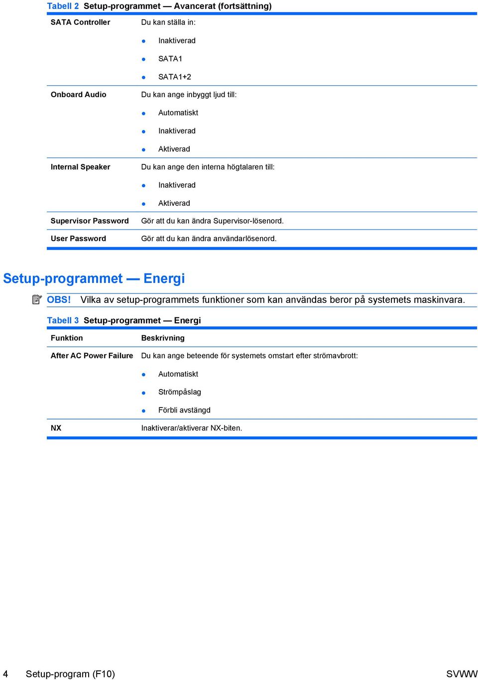 Gör att du kan ändra användarlösenord. Setup-programmet Energi OBS! Vilka av setup-programmets funktioner som kan användas beror på systemets maskinvara.