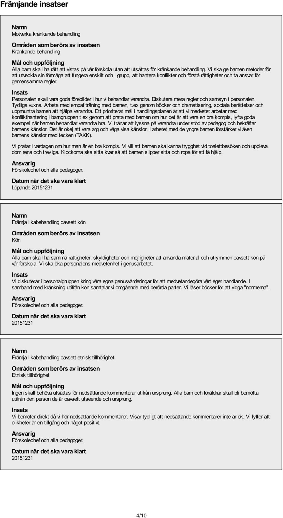 Personalen skall vara goda förebilder i hur vi behandlar varandra. Diskutera mera regler och samsyn i personalen. Tydliga vuxna. Arbeta med empatiträning med barnen, t.