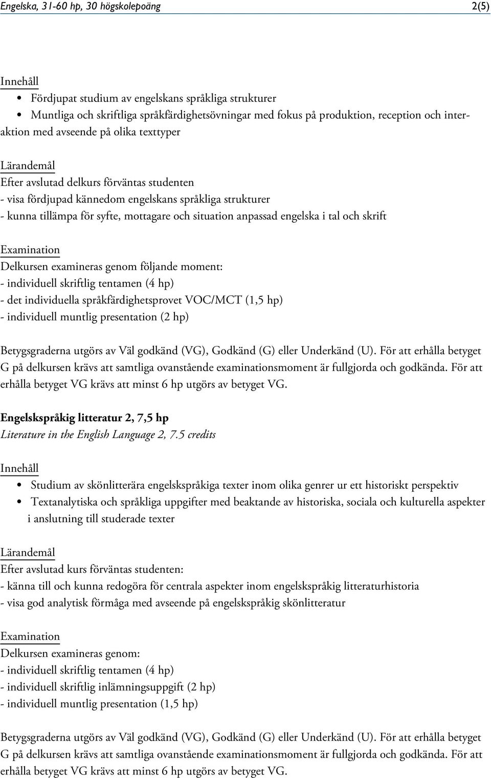 språkfärdighetsprovet VOC/MCT (1,5 hp) - individuell muntlig presentation (2 hp) Literature in the English Language 2, 7.