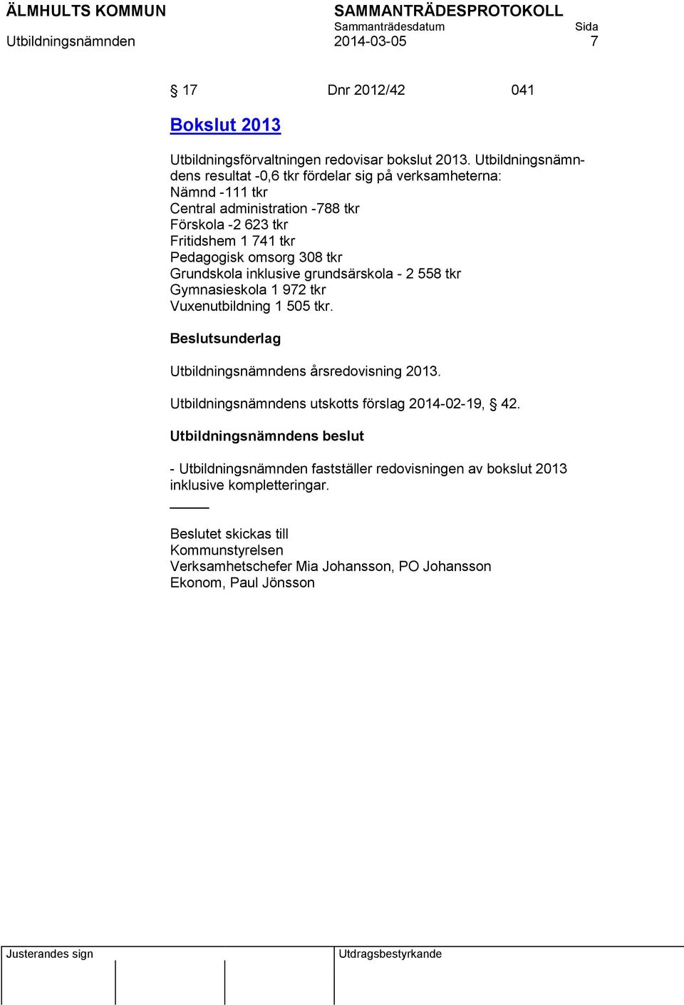 tkr Grundskola inklusive grundsärskola - 2 558 tkr Gymnasieskola 1 972 tkr Vuxenutbildning 1 505 tkr. Beslutsunderlag Utbildningsnämndens årsredovisning 2013.