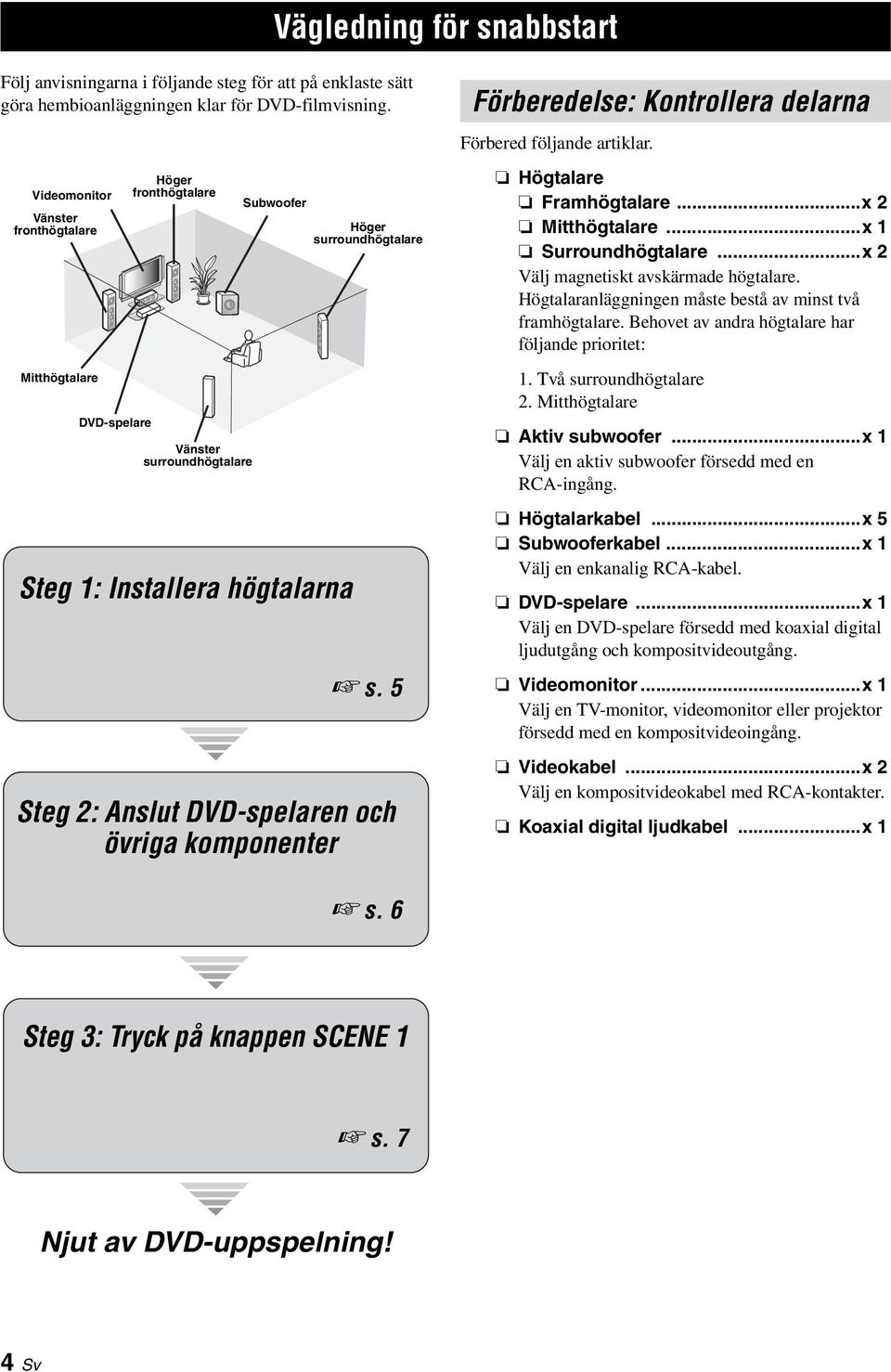 5 Steg 2: Anslut DVD-spelaren och övriga komponenter Förberedelse: Kontrollera delarna Förbered följande artiklar. Högtalare Framhögtalare...x 2 Mitthögtalare...x 1 Surroundhögtalare.