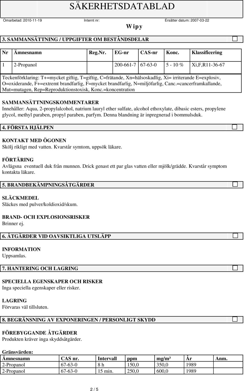 brandfarlig, F=mycket brandfarlig, N=miljöfarlig, Canc.=cancerframkallande, Mut=mutagen, Rep=Reproduktionstoxisk, Konc.