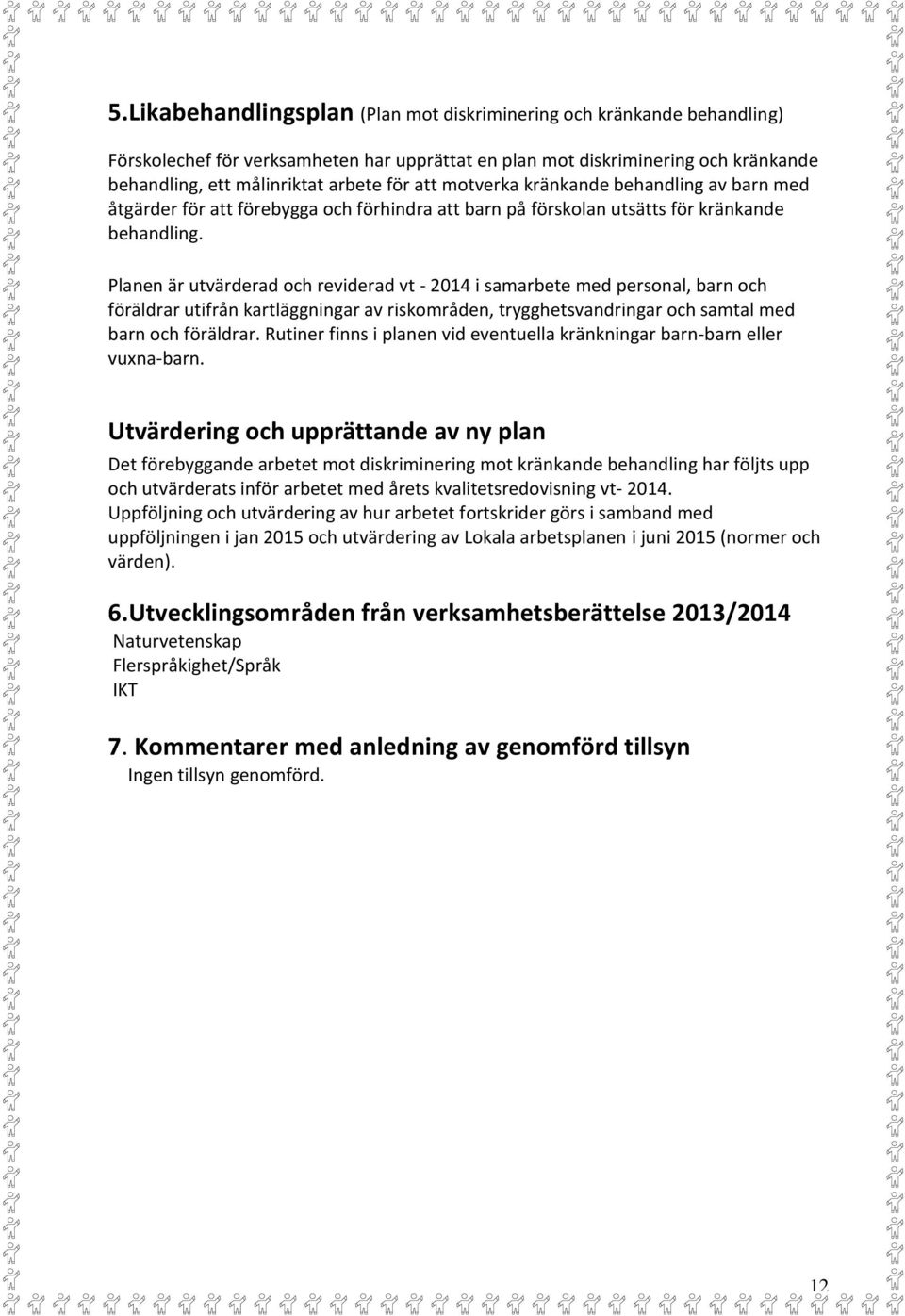 Planen är utvärderad och reviderad vt - 2014 i samarbete med personal, barn och föräldrar utifrån kartläggningar av riskområden, trygghetsvandringar och samtal med barn och föräldrar.