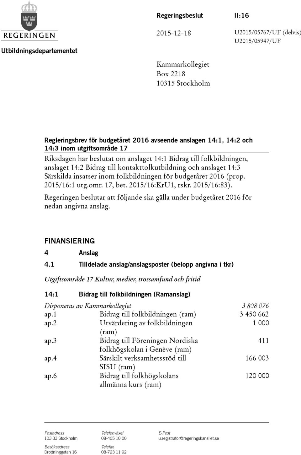 folkbildningen för budgetåret 2016(prop. 2015/16:1 utg.omr. 17, bet. 2015/16:KrU1, rskr. 2015/16:83). Regeringen beslutar att följande ska gälla under budgetåret 2016 för nedan angivna anslag.