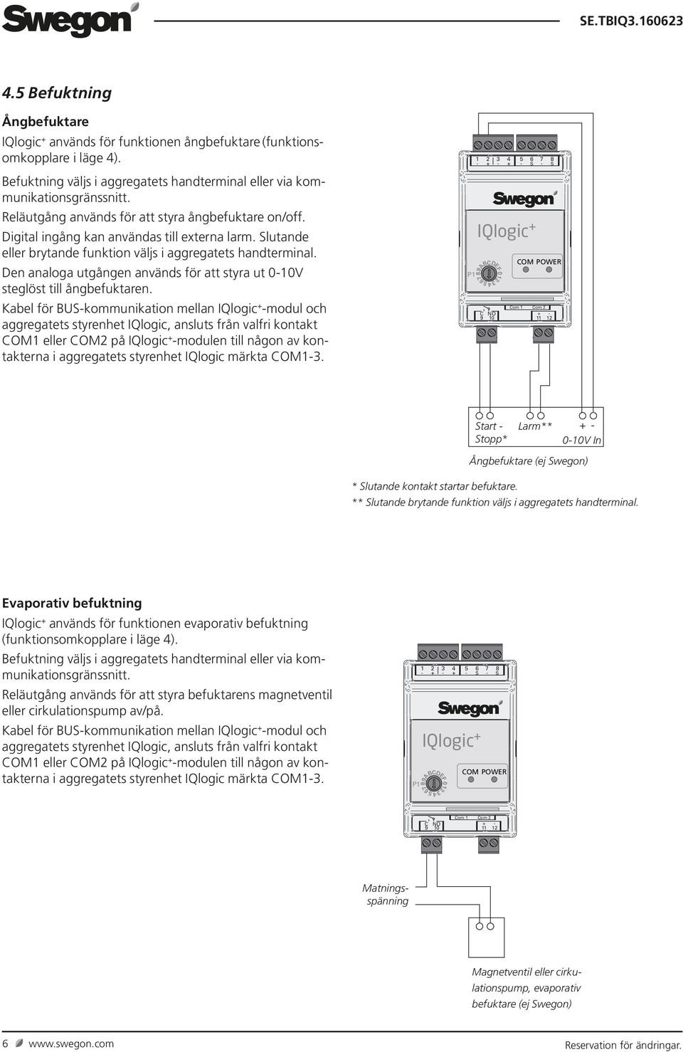 Slutande eller brytande funktion väljs i aggregatets handterminal. Den analoga utgången används för att styra ut 010V steglöst till ångbefuktaren.