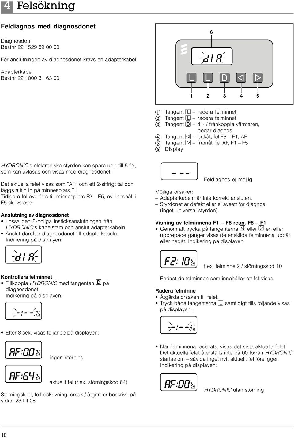 AF, F1 F5 Display HYDRONIC:s elektroniska styrdon kan spara upp till 5 fel, som kan avläsas och visas med diagnosdonet.