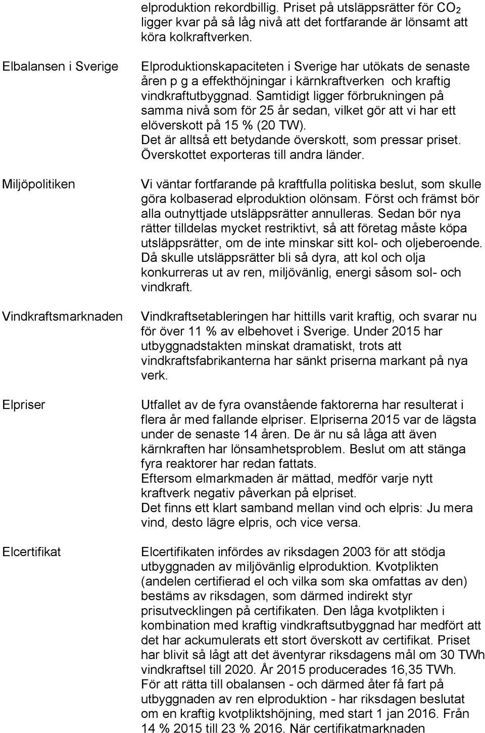 vindkraftutbyggnad. Samtidigt ligger förbrukningen på samma nivå som för 25 år sedan, vilket gör att vi har ett elöverskott på 15 % (20 TW). Det är alltså ett betydande överskott, som pressar priset.