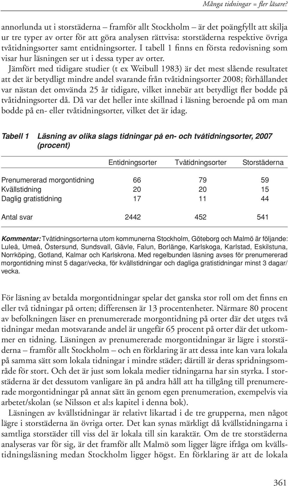 entidningsorter. I tabell 1 finns en första redovisning som visar hur läsningen ser ut i dessa typer av orter.