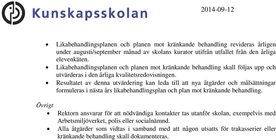 Resultatet av denna utvärdering kan leda till att nya åtgärder och målsättningar formuleras i nästa års likabehandlingsplan och plan mot kränkande behandling.