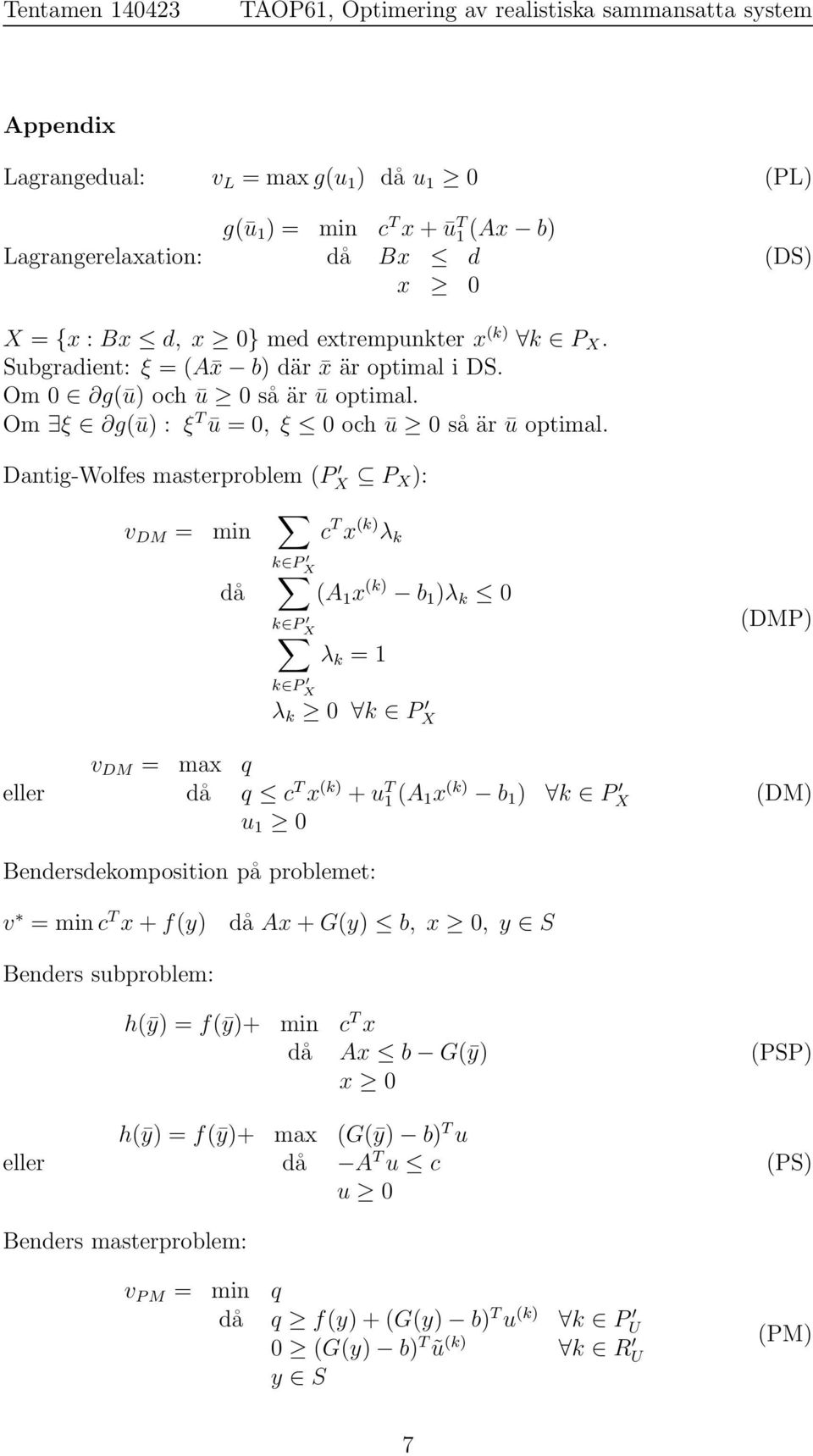 Dantig-Wolfes masterproblem (P X P X): v DM = min c T x (k) λ k då k P X (A 1 x (k) b 1 )λ k 0 k P X λ k = 1 (DMP) eller k P X λ k 0 k P X v DM = max q då q c T x (k) +u T 1 (A 1x (k) b 1 ) k P X u 1