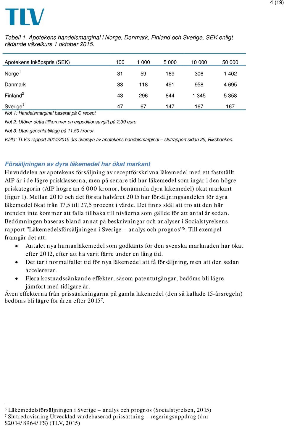 baserat på C recept Not 2: Utöver detta tillkommer en expeditionsavgift på 2,39 euro Not 3: Utan generikatillägg på 11,50 kronor Källa: TLV:s rapport 2014/2015 års översyn av apotekens