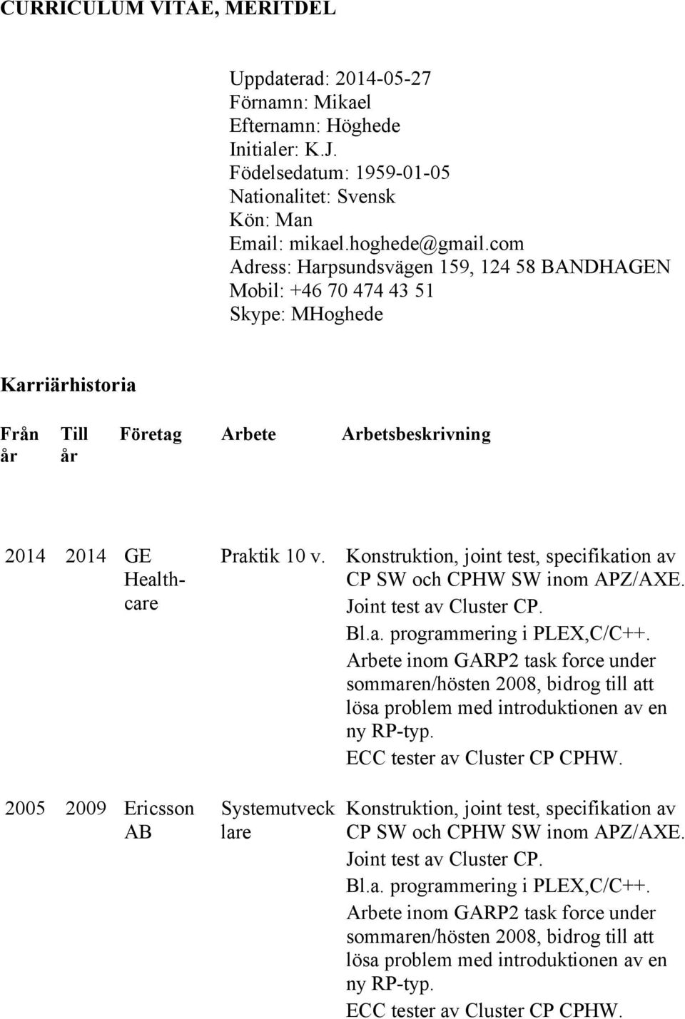 Praktik 10 v. Systemutveck lare Konstruktion, joint test, specifikation av CP SW och CPHW SW inom APZ/AXE. Joint test av Cluster CP. Bl.a. programmering i PLEX,C/C++.