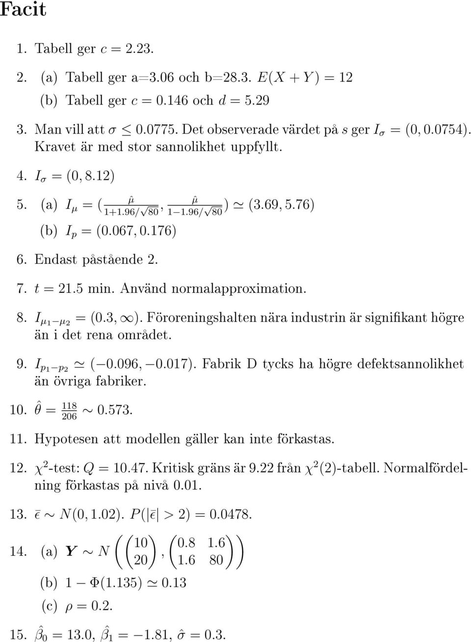 Använd normalapproximation. 8. I µ1 µ 2 = (0.3, ). Föroreningshalten nära industrin är signikant högre än i det rena området. 9. I p1 p 2 ( 0.096, 0.017).