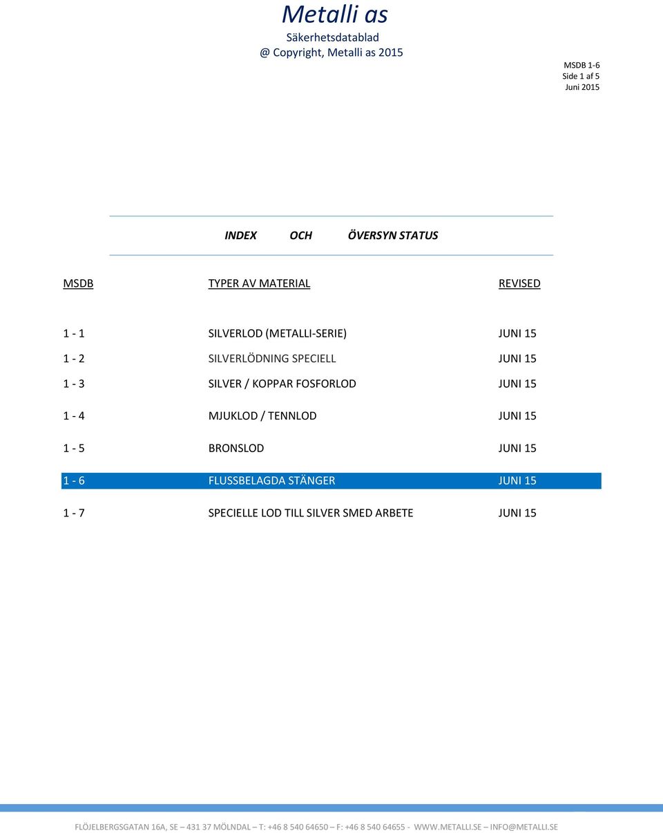 SILVER / KOPPAR FOSFORLOD JUNI 15 1-4 MJUKLOD / TENNLOD JUNI 15 1-5 BRONSLOD