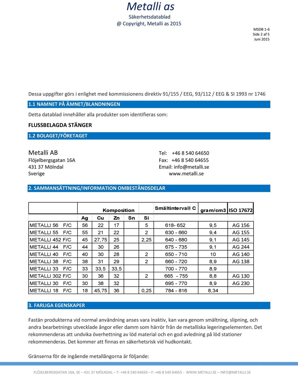 2 BOLAGET/FÖRETAGET Metalli AB Tel: +46 8 540 64650 Flöjelbergsgatan 16A Fax: +46 8 540 64655 431 37 Mölndal Email: info@metalli.se Sverige www.metalli.se 2.