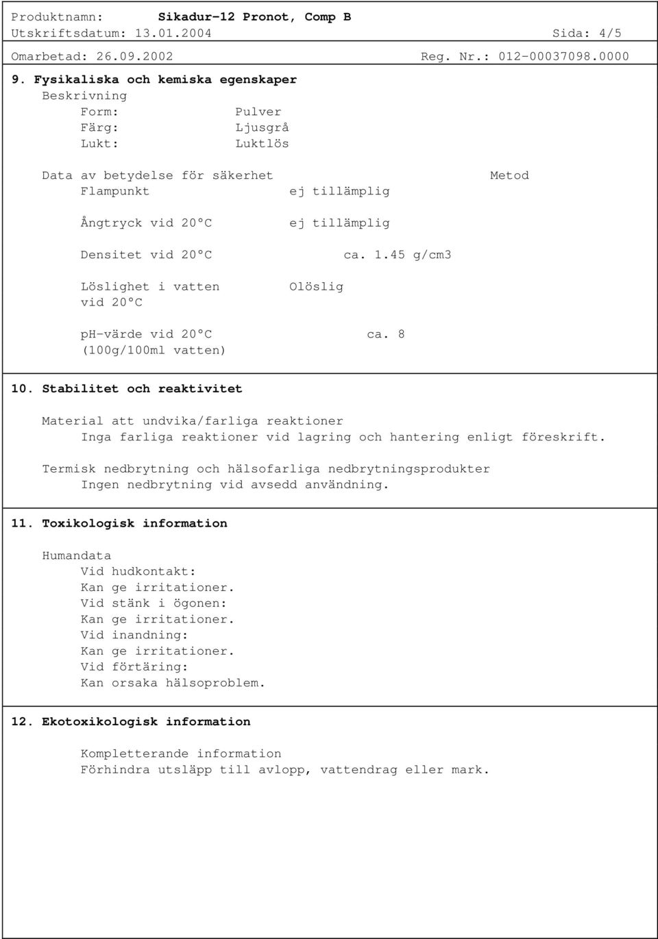 tillämplig ej tillämplig ca. 1.45 g/cm3 Olöslig Metod ph-värde vid 20 C ca. 8 (100g/100ml vatten) 10.