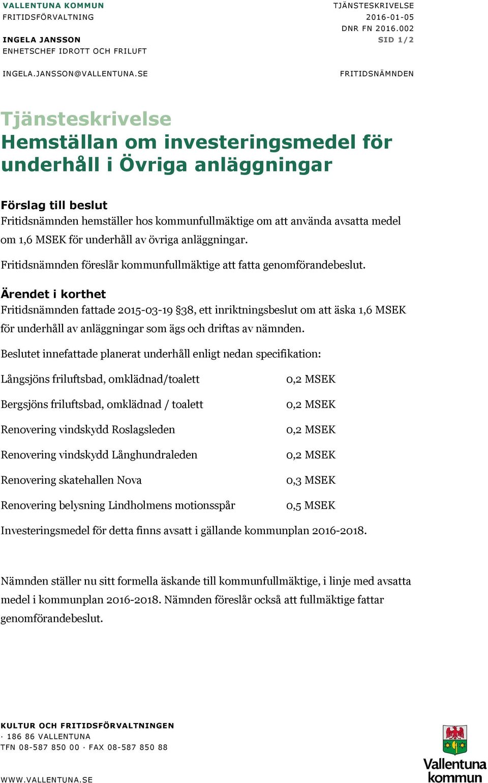 om 1,6 MSEK för underhåll av övriga anläggningar. Fritidsnämnden föreslår kommunfullmäktige att fatta genomförandebeslut.