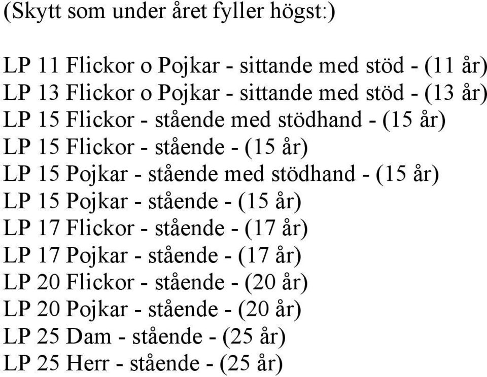 med stödhand - (15 år) LP 15 Pojkar - stående - (15 år) LP 17 Flickor - stående - (17 år) LP 17 Pojkar - stående - (17 år)