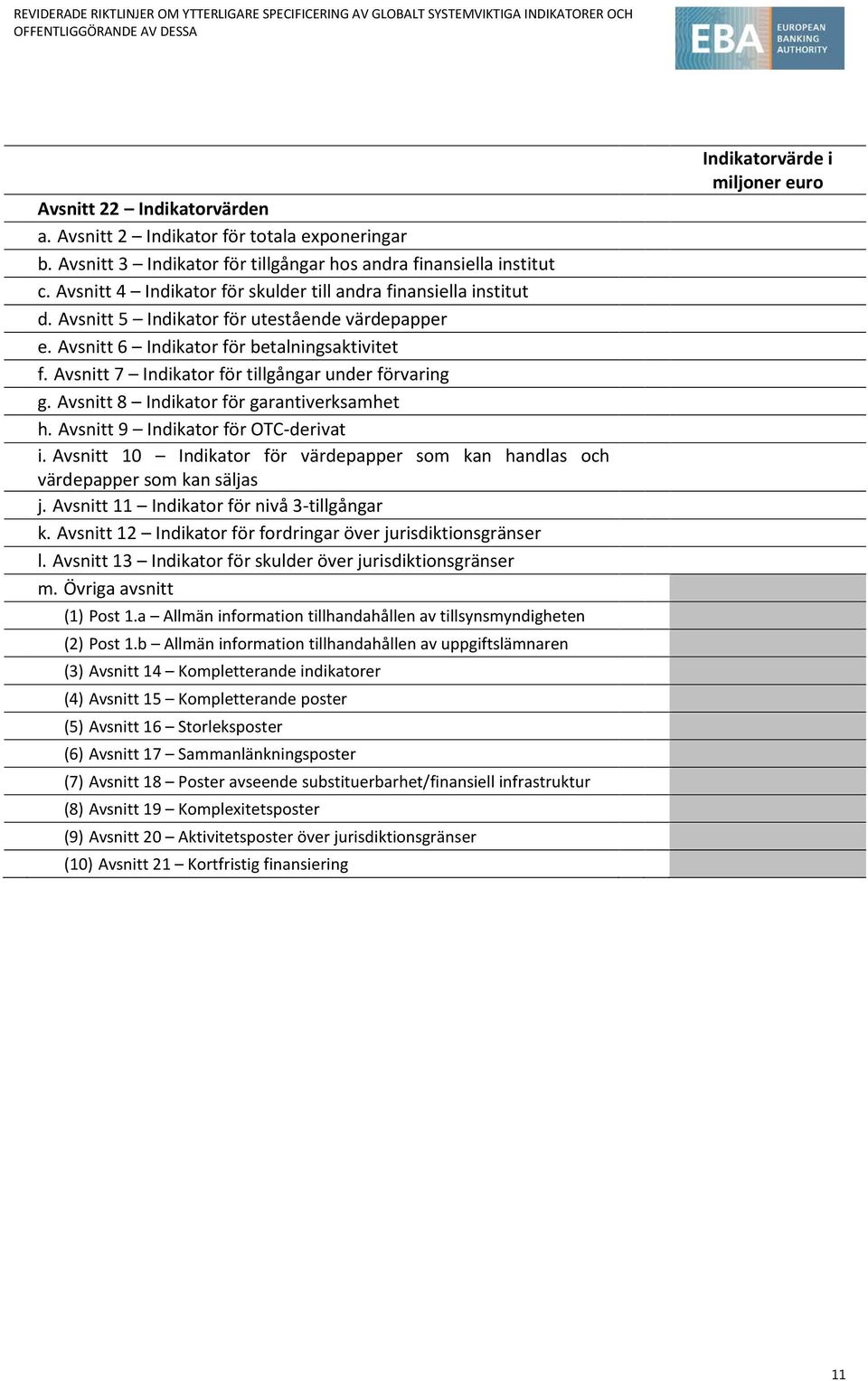Avsnitt 7 Indikator för tillgångar under förvaring g. Avsnitt 8 Indikator för garantiverksamhet h. Avsnitt 9 Indikator för OTC-derivat i.