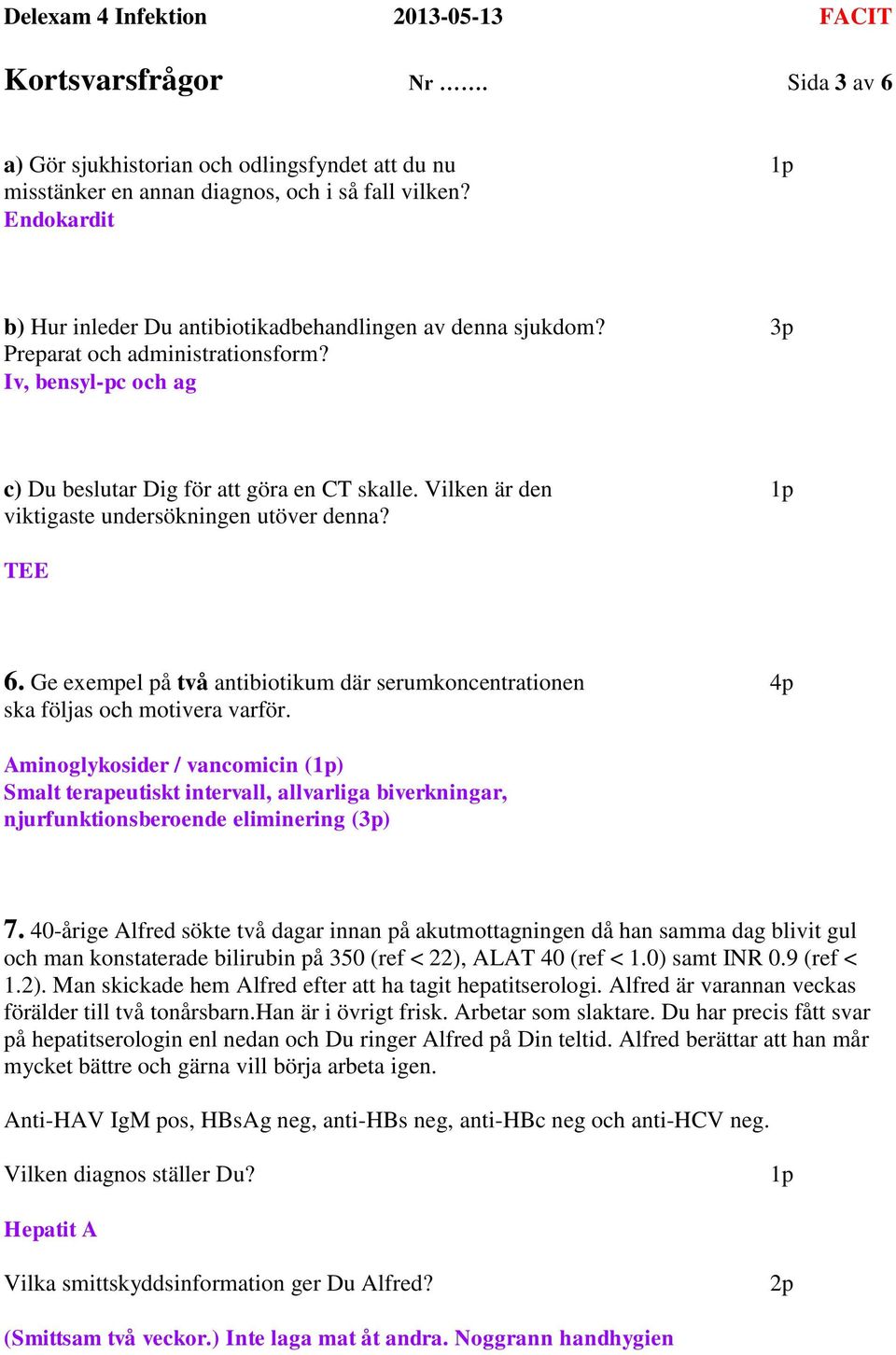 Vilken är den viktigaste undersökningen utöver denna? TEE 6. Ge exempel på två antibiotikum där serumkoncentrationen 4p ska följas och motivera varför.