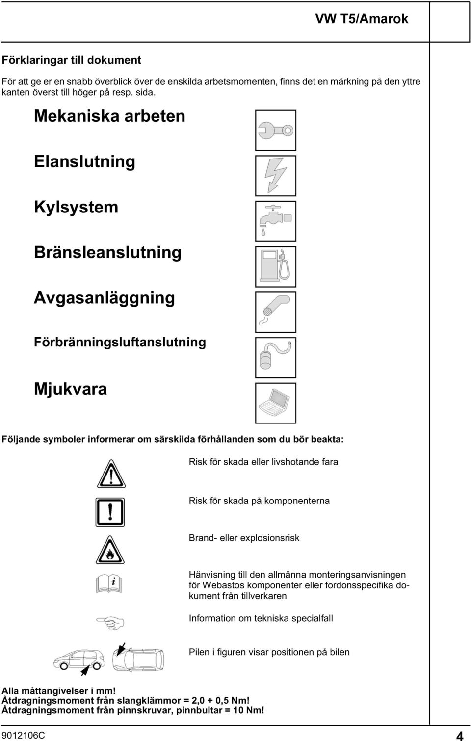 eller livshotande fara Risk för skada på komponenterna Brand- eller explosionsrisk Hänvisning till den allmänna monteringsanvisningen för Webastos komponenter eller fordonsspecifika dokument från