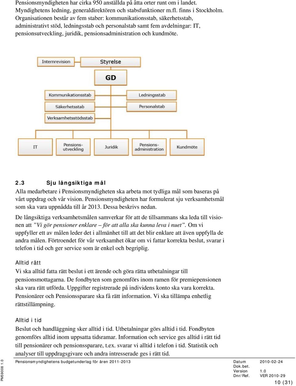 pensionsadministration och kundmöte. 2.3 Sju långsiktiga mål Alla medarbetare i Pensionsmyndigheten ska arbeta mot tydliga mål som baseras på vårt uppdrag och vår vision.