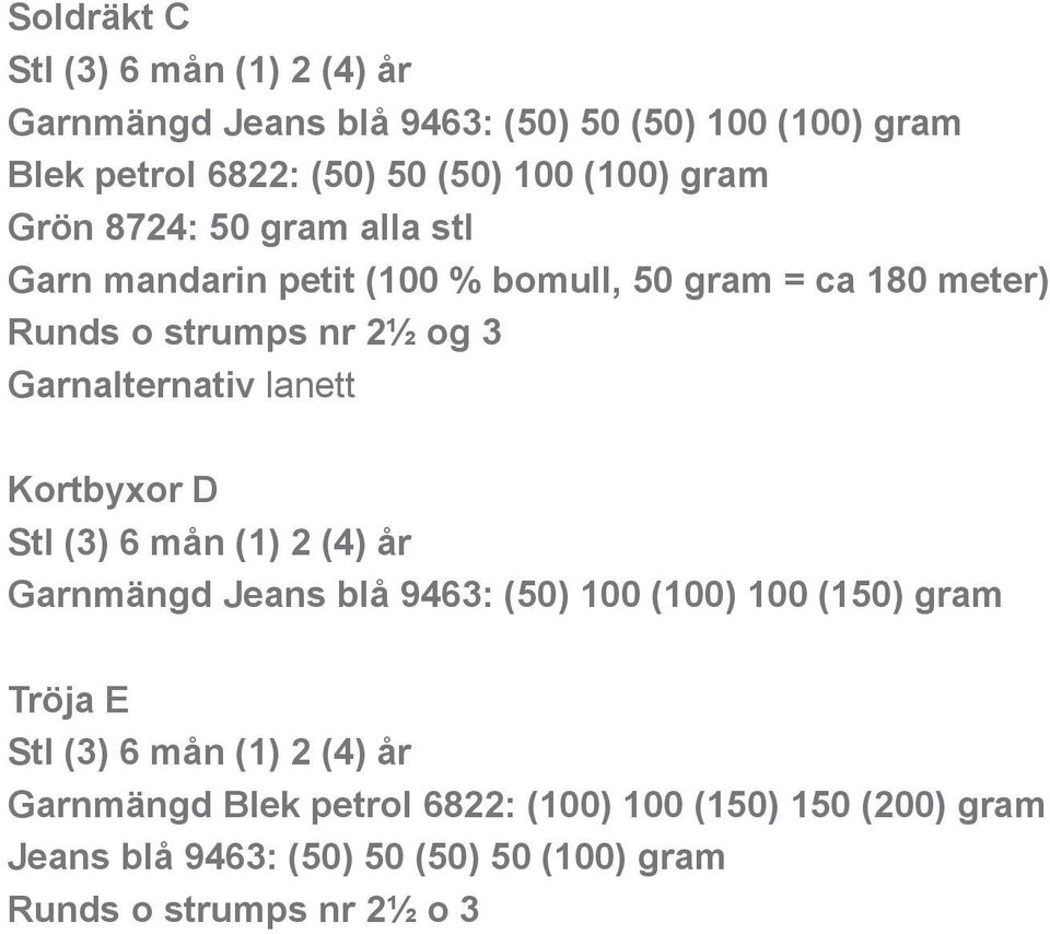 Garnalternativ lanett Kortbyxor D Stl (3) 6 mån (1) 2 (4) år Garnmängd Jeans blå 9463: (50) 100 (100) 100 (150) gram Tröja E Stl (3)