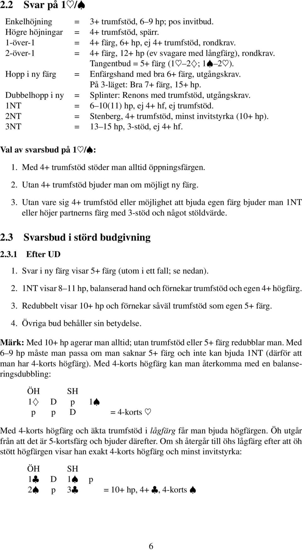 Dubbelhopp i ny = Splinter: Renons med trumfstöd, utgångskrav. 1NT = 6 10(11) hp, ej 4+ hf, ej trumfstöd. 2NT = Stenberg, 4+ trumfstöd, minst invitstyrka (10+ hp). 3NT = 13 15 hp, 3-stöd, ej 4+ hf.