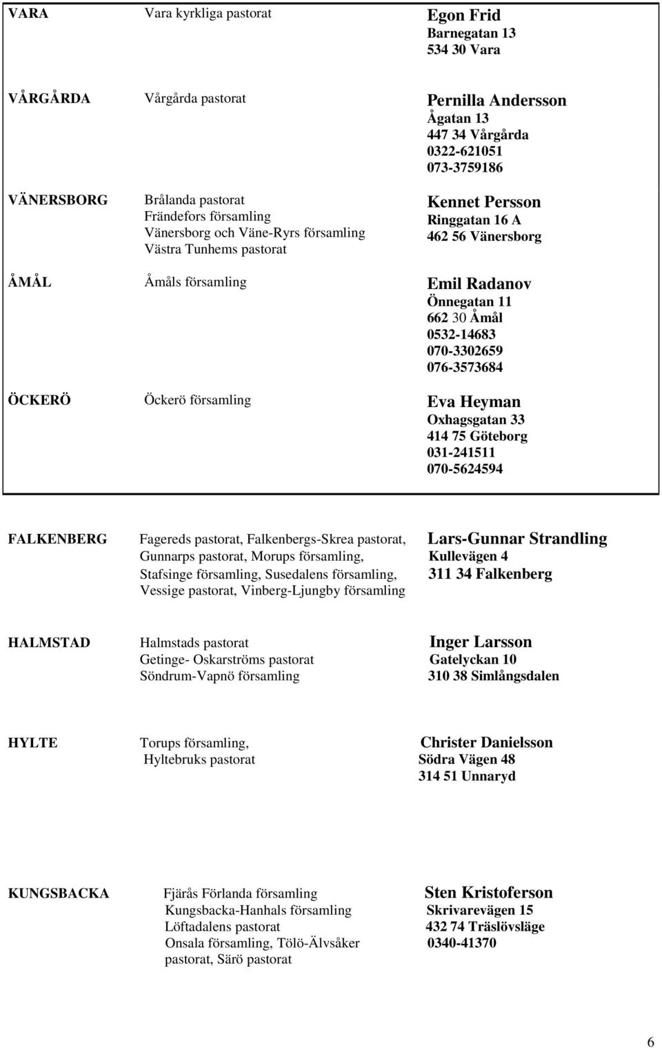 070-3302659 076-3573684 ÖCKERÖ Öckerö församling Eva Heyman Oxhagsgatan 33 414 75 Göteborg 031-241511 070-5624594 FALKENBERG Fagereds pastorat, Falkenbergs-Skrea pastorat, Lars-Gunnar Strandling